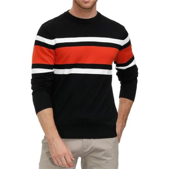 Men's Striped Pullover Sweater Crewneck Contrast Fine Knitted Sweater